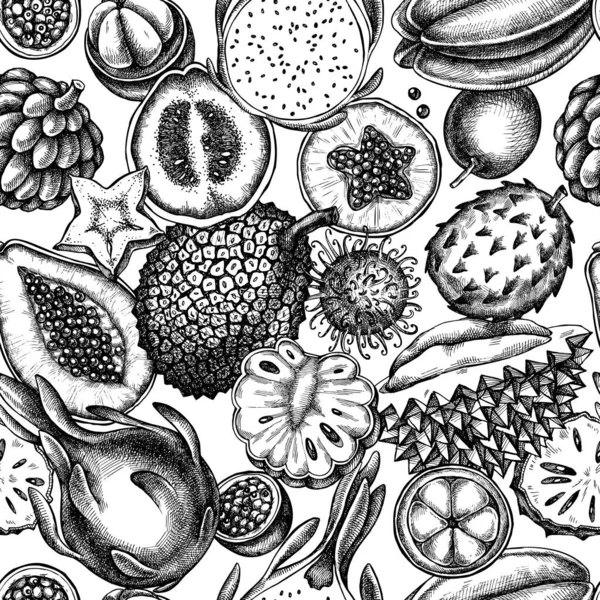 Nahtloses Muster mit schwarzer und weißer Papaya, Guave, Passionsfrucht, Seesternen, Durian, Rambutan, Pitaya, Jackfrucht, Zucker-Apfel, Sauerampfer, Mangostan — Stockvektor