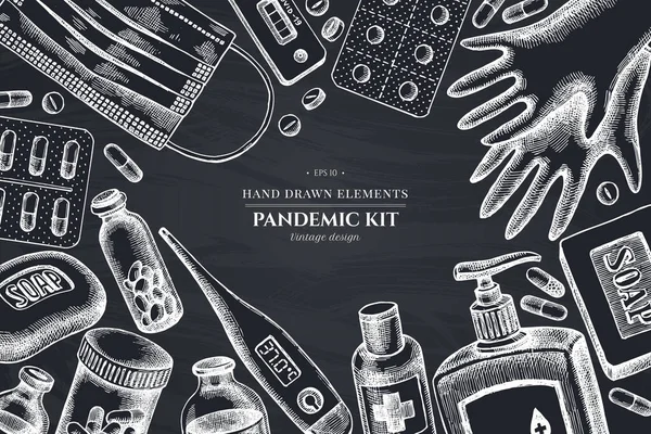 Monochromatický design s křídovými pilulkami a léky, lékařskou obličejovou maskou, dezinfekčními láhvemi, lékařským teploměrem, koronavirovým rychlým testem, mýdlem, lékařskými rukavicemi — Stockový vektor