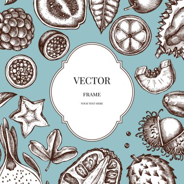 Tasarım üzerinde papaya, guava, tutku meyvesi, yıldız meyvesi, durian, rambutan, pitaya, jackfruit, şeker-apple, soursop, mangosteen