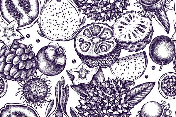 Künstlerisches nahtloses Muster mit Papaya, Guave, Passionsfrucht, Seesternen, Durian, Rambutan, Pitaya, Jackfrucht, Zucker-Apfel, Sauerampfer, Mangostan — Stockvektor