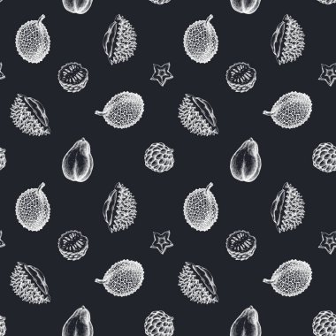 Elle çizilmiş tebeşir, papaya, yıldız meyvesi, durian, jackfruit, şeker-elma, soursop