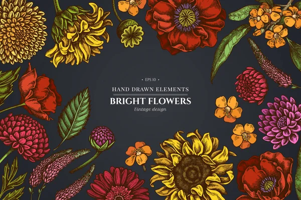 Desenho floral sobre fundo escuro com flor de papoula, gerbera, girassol, milkweed, dahlia, veronica — Vetor de Stock