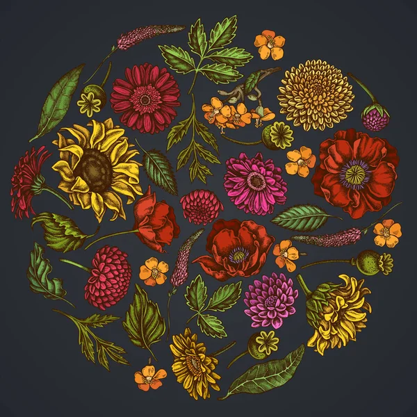 Круглий квітковий дизайн на темному тлі з маковою квіткою, герберою, соняшником, молоком, далією, веронікою — стоковий вектор