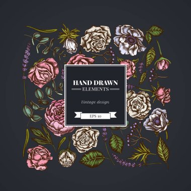 Koyu arkaplanda güller, şakayık, okaliptüs, lavanta, şakayık, viburnum...