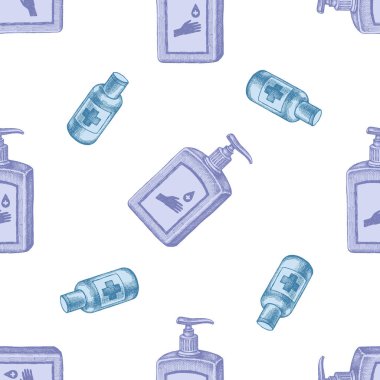 Elle çizilmiş pastel dezenfektan şişeleriyle kusursuz desen.