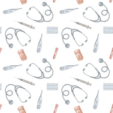 Elle çizilmiş pastel boya şişesi, kan, ilaç, medikal termometre, stetoskop, şırınga.