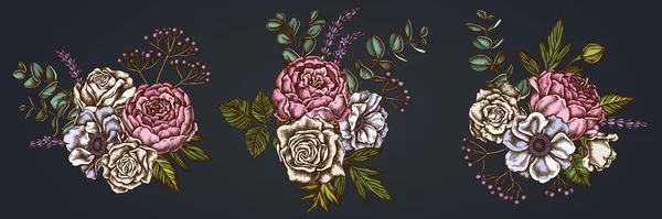 Květinová kytice z barevných růží, sasanky, eukalyptu, levandule, pivoňka, viburnum — Stockový vektor