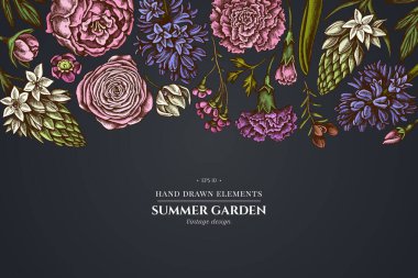 Şakayık, karanfil, ranunculus, balmumu çiçeği, ornithogalum, sümbül içeren koyu arkaplanda çiçek tasarımı.