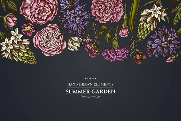 Şakayık, karanfil, ranunculus, balmumu çiçeği, ornithogalum, sümbül içeren koyu arkaplanda çiçek tasarımı.