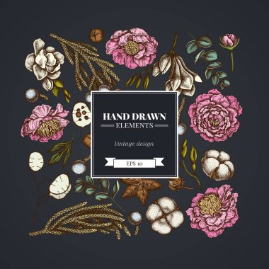 Kare çiçek desenli koyu arkaplan, okaliptüs, şakayık, pamuk, frezya, brunya