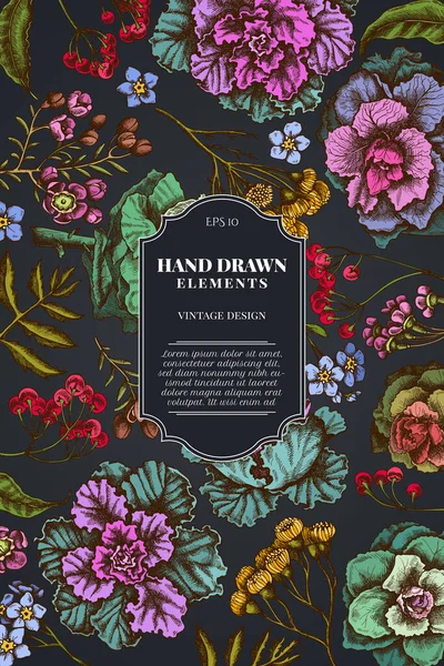 Дизайн открытки на темном фоне с восковым цветком, забудьте мне не цветок, танси, ардисия, бразиска, декоративная капуста — стоковый вектор