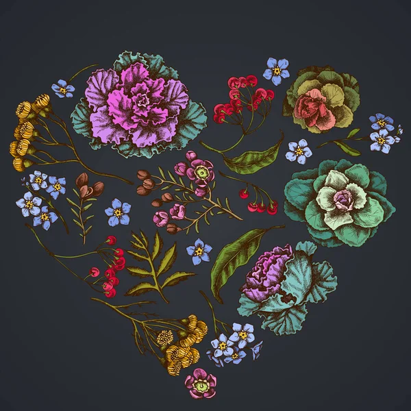 Koyu arkaplanda balmumu çiçekli kalp deseni, beni unutmayın çiçek, tansi, ardisia, brassica, dekoratif lahana — Stok Vektör