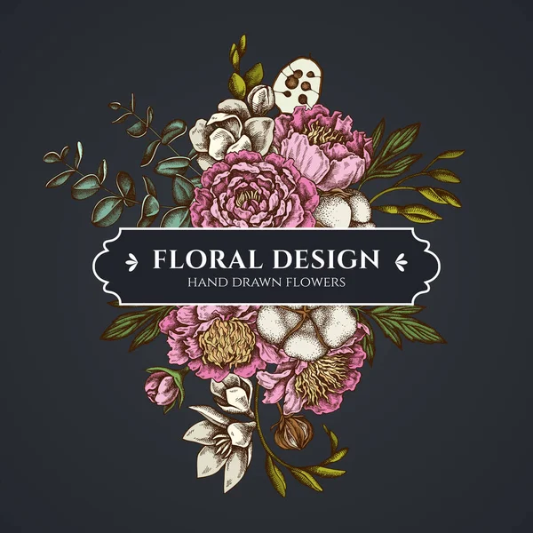 Ramo floral de diseño oscuro con ficus, eucalipto, peonía, algodón, freesia, brunia — Vector de stock