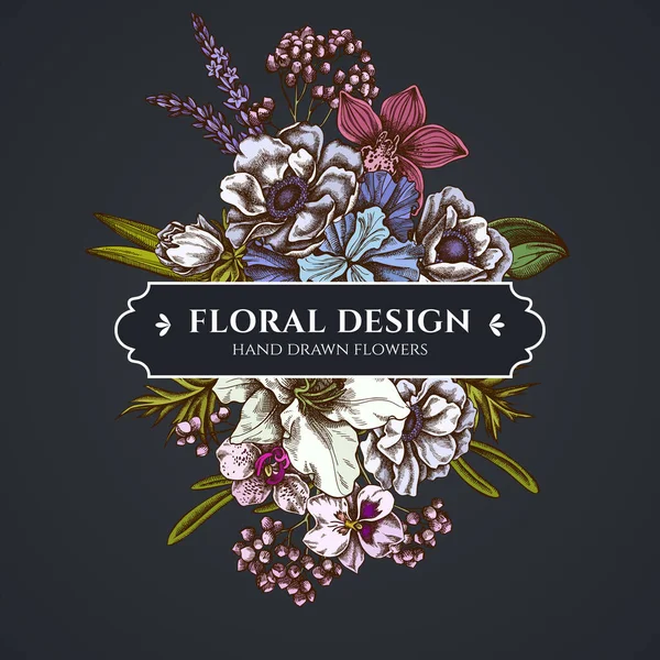 Ramo floral de diseño oscuro con anémona, lavanda, romero eterno, falaenopsis, lirio, iris — Vector de stock