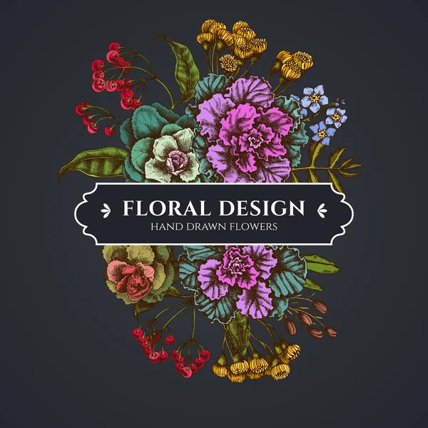 Ramo floral de diseño oscuro con flor de cera, no me olvides de la flor, tansy, ardisia, brassica, col decorativa — Vector de stock