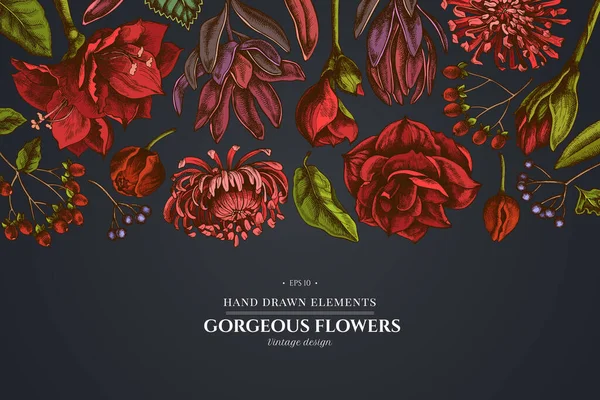 Viburum, hypericum, lale, aster, lökosadendron, amilis içeren koyu arkaplan üzerine çiçek tasarımı