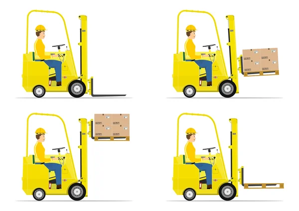 Set Cartoon Forklift White Background Flat Vector — Stock Vector