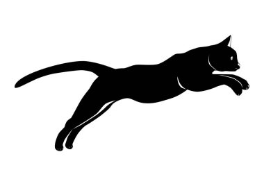 Zıplayan kedi. Zıplayan bir kedinin siyah beyaz silueti. Düz vektör.