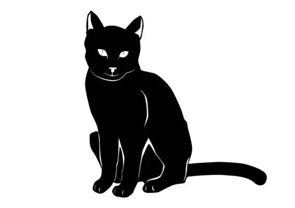 Silueta Blanca Negra Gato Sentado Sobre Fondo Blanco Vector Plano — Vector de stock