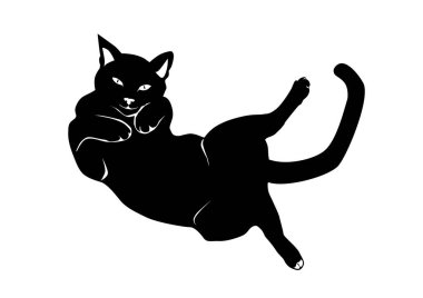 Kedi sırt üstü yatıyor. Sırtüstü uzanmış bir kedi silueti. Düz vektör.