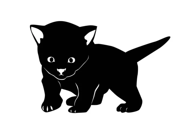 Kitten Black White Silhouette Little Sneaking Kitten Flat Vector — Stock Vector