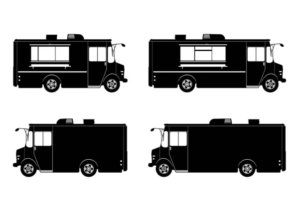 Silhouette Camioncino Set Food Truck Versione Corta Lunga Entrambi Lati — Vettoriale Stock