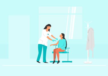 Hemşire, kadının muayenehanesinde aşı yapar. Koruyucu aşılarla sağlığın korunması kavramı. Düz vektör illüstrasyonu.