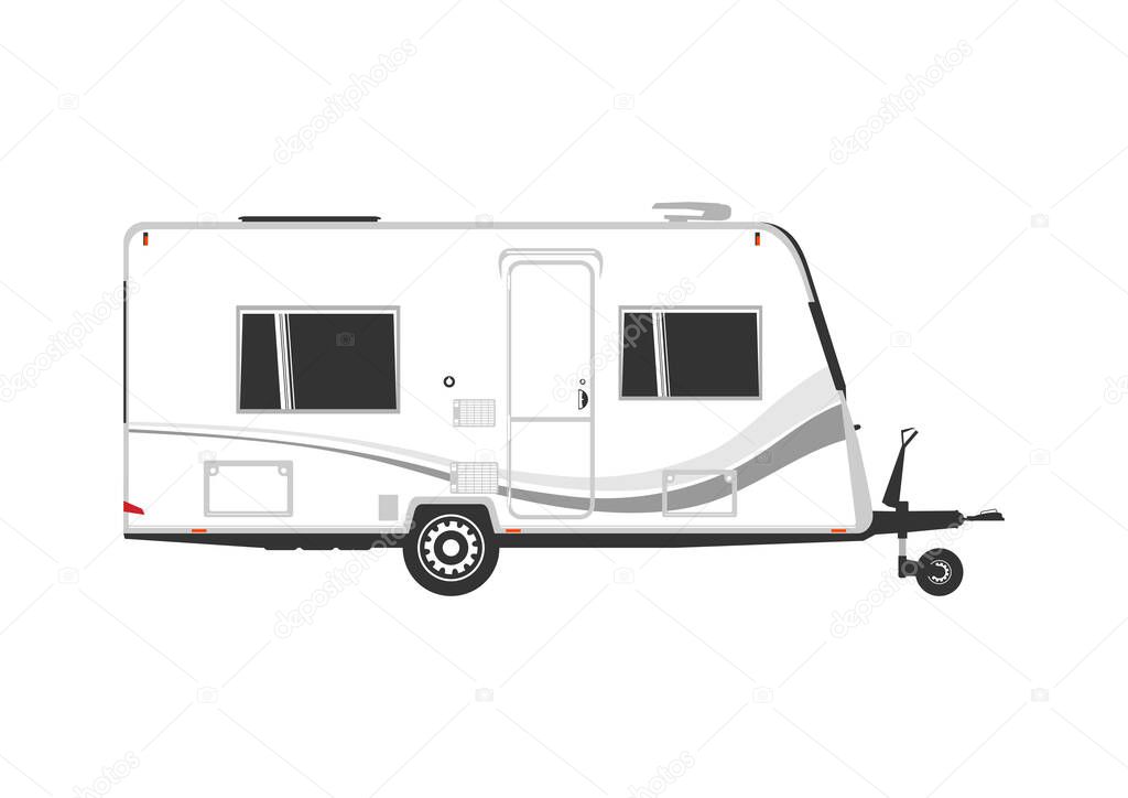 Side view of modern caravan. A simplified caravan on a white background. Flat vector.