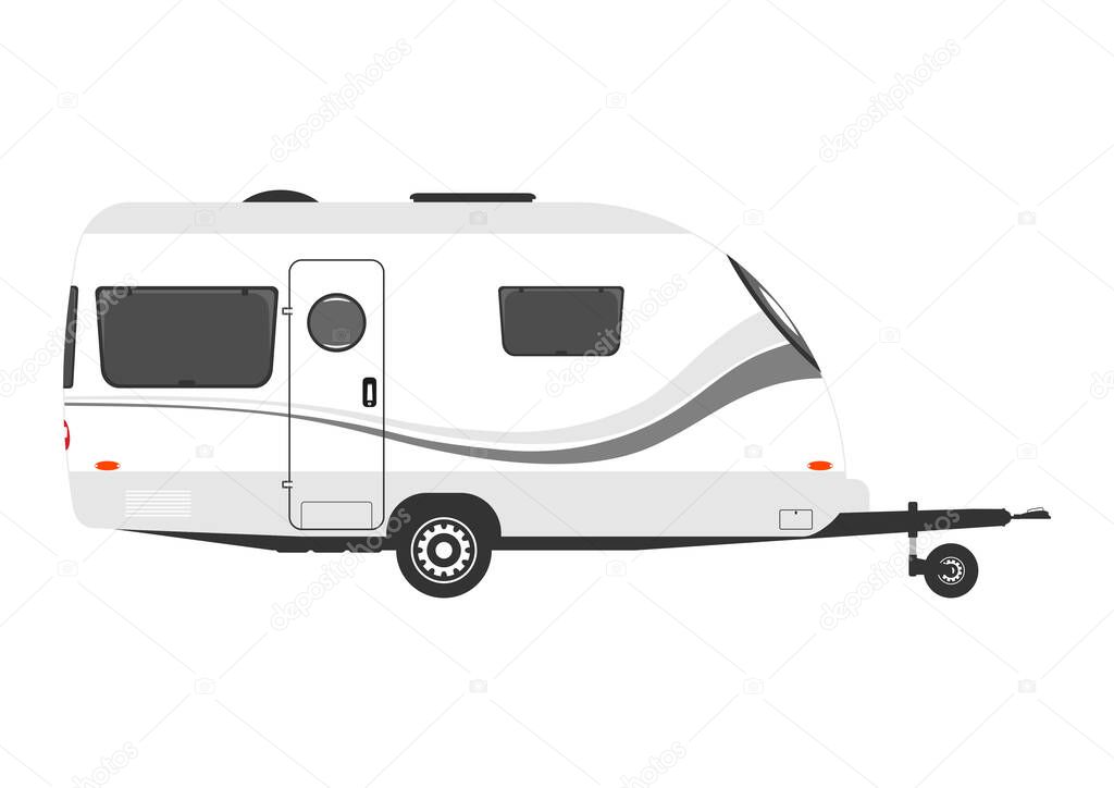 Side view of modern caravan. A simplified caravan on a white background. Flat vector.