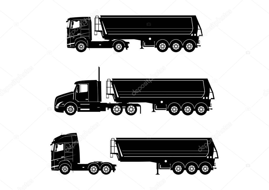 Set of modern truck silhouettes with tipper semi trailer. Each silhouette consists of a black and white shape. Flat vector.