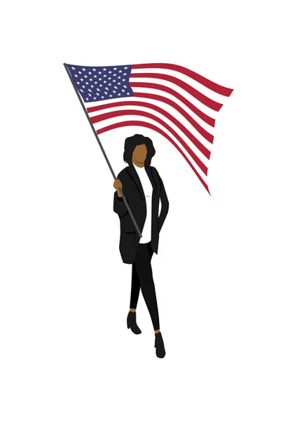 Mujer Con Bandera Americana Mujer Negra Portando Bandera Americana Vector — Vector de stock