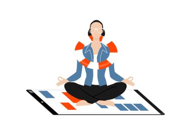 Gözlüklü ve boynunda can simidi olan bir kadın akıllı telefonunun üstündeki nilüfer pozisyonunda oturuyor. Sınırlı renklerde bilişim sektörü konsepti. Düz vektör.