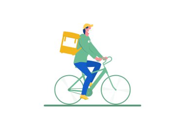 Bisiklet teslimatı. Güvenli teslimat konsepti. Koruyucu maskeli bisikletli bir kurye. Düz vektör illüstrasyonu.