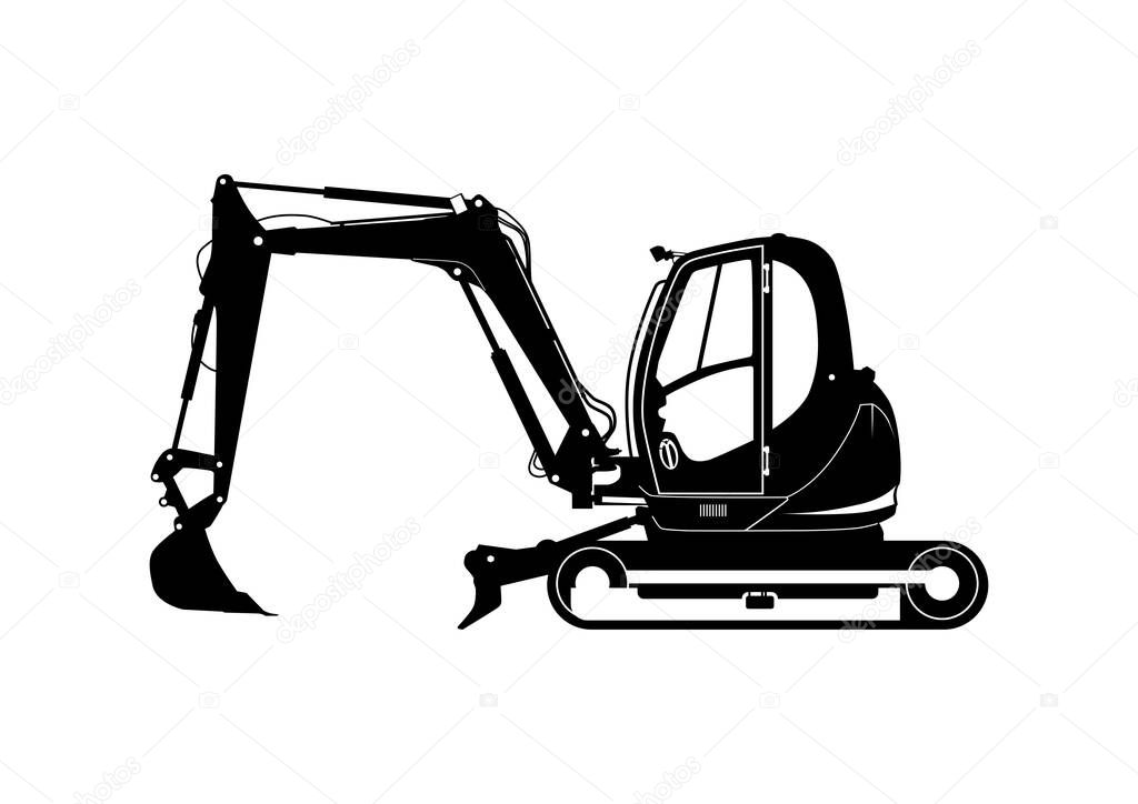 Compact excavator silhouette. Tracked mini excavator. Side view. Flat vector.