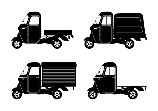 Pousse Pousse Automatique Silhouettes Véhicules Utilitaires Légers Trois Roues Vue — Image vectorielle