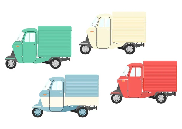 Pequeño Coche Vendedor Tres Ruedas Conjunto Cuatro Rickshaws Auto Vintage — Vector de stock