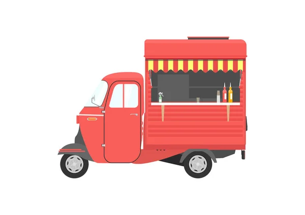 Kleiner Dreirädriger Foodtruck Gelbe Oldtimer Rikscha Seitenansicht Flacher Vektor — Stockvektor