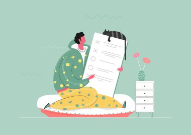 Kişisel hedefler listesi uyuşuyor. Oturan kişi kontrol listesini inceler. Düz vektör.