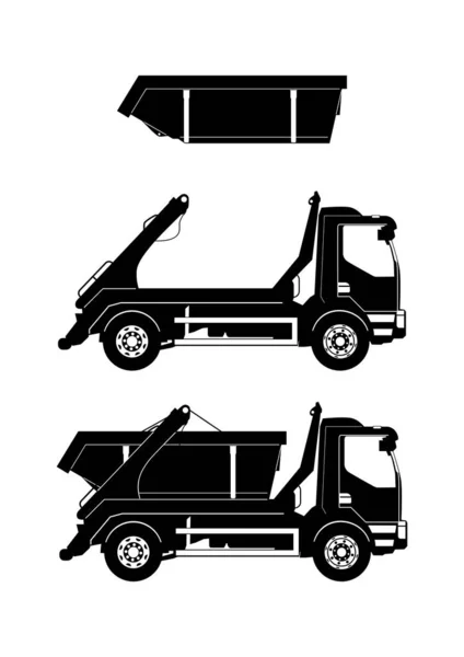 Silhouette Cantilever Skip Truck Side View Loaded Empty Truck Skip — Stock Vector