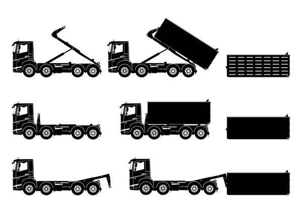Silhouettes of roll on-off hook loading skip truck. Set of skip trucks with containers. Side view of roro skips. Flat vector.