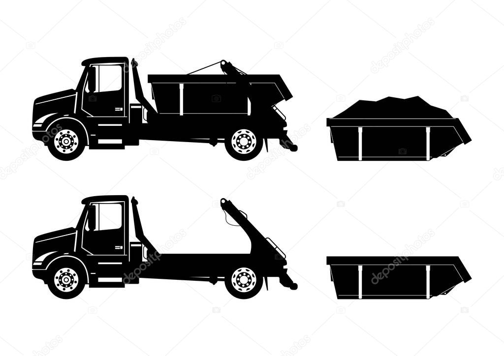Silhouettes of a skip truck with containers. Side view. Flat vector.