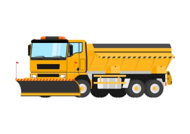 Kar temizleme aracı ve kum püskürtücüsü olan ağır bir kamyon. Eğimsiz düz vektör.