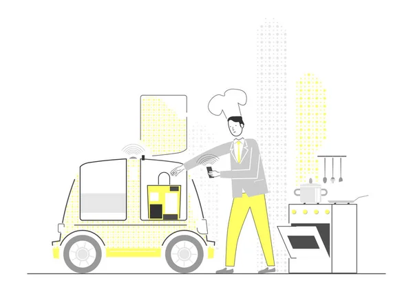 Modern Cooking Concept Autonomous Driverless Car Smartphone Tools Kitchen Flat — Stock Vector
