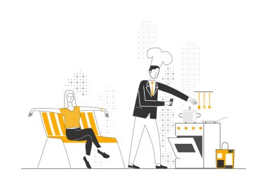 Mutfakta yemek yapan bir adamı izleyen rahat bir kadın. Sınırlı renk düz vektörü.