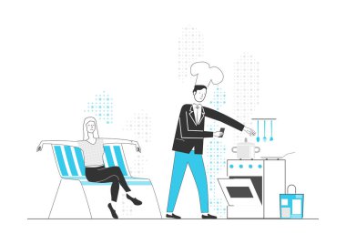 Mutfakta yemek yapan bir adamı izleyen rahat bir kadın. Sınırlı renk düz vektörü.