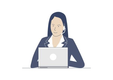 Dizüstü bilgisayarla çalışan bir kadın. Çevrimiçi yardım masası veya çağrı merkezi konsepti. Sınırlı renkler düz vektör çizimi. 