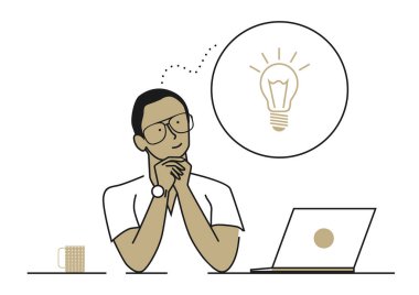 Yaratıcı fikir konsepti. Adam bir fikir üzerinde çalışıyor. Sınırlı renk düz vektör çizimi.