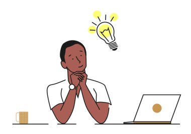 Yaratıcı fikir konsepti. Adam bir fikir üzerinde çalışıyor. Sınırlı renk düz vektör çizimi.