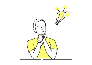 Yaratıcı fikir konsepti. Adam bir fikir üzerinde çalışıyor. Sınırlı renk düz vektör çizimi.