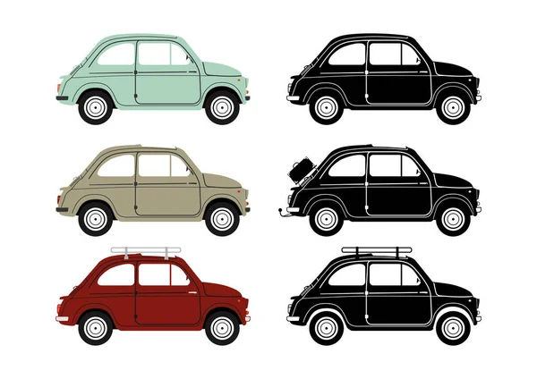 Set Small Vintage Cars Side View Flat Vector — vektorikuva